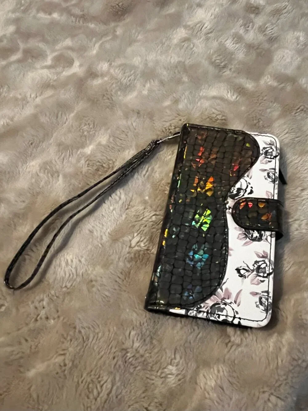Reflective Flower iPhone Crossbody Case Wallet Purse with cross body Straps